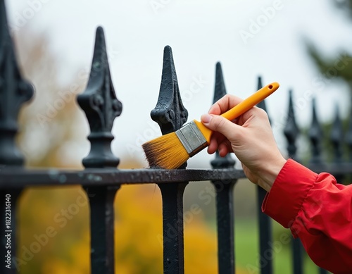 Hand paints black metal fence with yellow brush outdoors. Person restores old wrought iron gate surface with care. Autumn leaves blur in background. Close up on job.