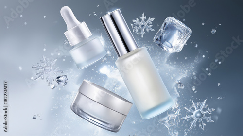 Skincare products with ice and snowflakes: serum, cream, essence with winter theme
