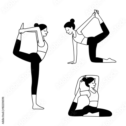 Line art drawing set of women practicing yoga, stretching in different poses. Vector illustration of female characters in asana. Dancer pose Natarajasana, Bird Dog pose, Mermaid pose. 