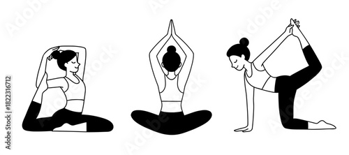 Line drawing of female characters stretching in different asanas. Vector clip art set of women practicing yoga for web, or print. Mermaid Pose, Lotus pose with hands up, Bird Dog Pose Variation. 