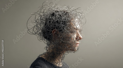 
Head filled with tangled thoughts, problems, and emotions, mental health concept.