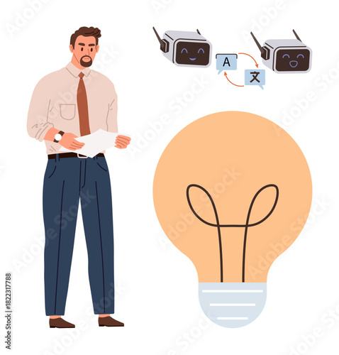 Businessman reviews document, two translation bots communicate, large lightbulb symbolizes creativity, innovation. Ideal for language services, AI, business solutions, education, tech global