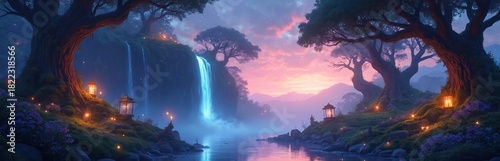 Enchanted forest with glowing lanterns and a waterfall at twilight. Mist rises from the serene river reflecting the pink and blue sky. Mystical ancient trees frame the tranquil landscape.