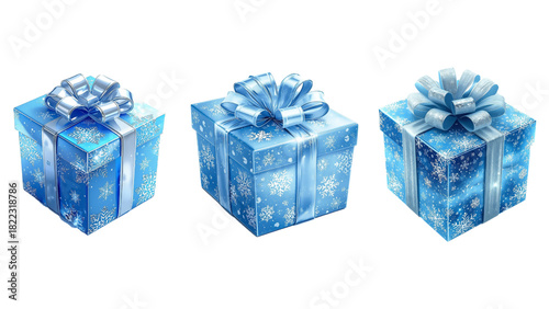 Frosty blue Christmas gift box with shimmering silver ribbon in glossy 3D cute style, featuring icy textures and crisp festive details perfect for winter holiday designs.
 gift box illustration