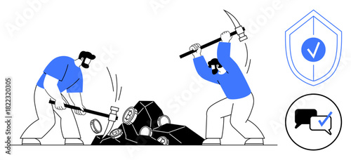 Two workers using pickaxes to break rocks alongside shield with a checkmark and message validation icon. Ideal for perseverance, security, teamwork, resilience, dedication, physical labor, simple