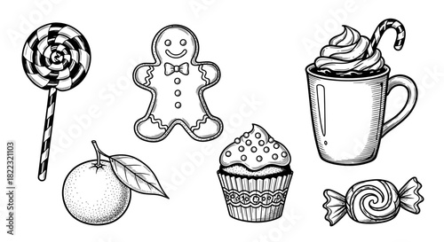 Hand-drawn assortment of sweet treats including lollipop, gingerbread, cupcake, and hot chocolate  
