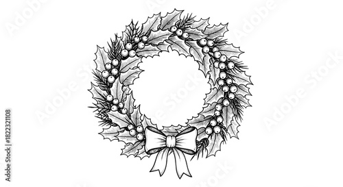 Christmas wreath with holly leaves and ribbon in sketch style  