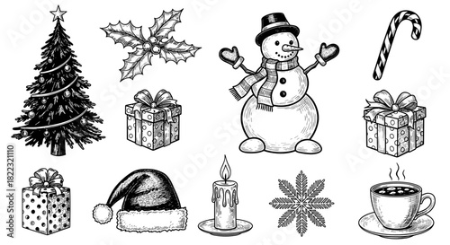 Christmas illustrations of tree, snowman, gifts, and decorations  