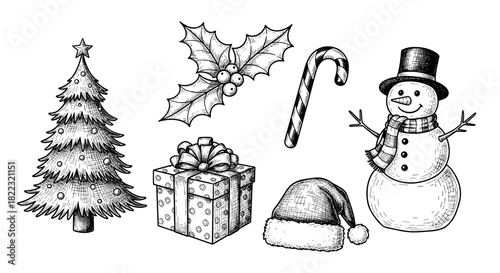 Christmas tree, snowman, candy cane, hat, and gift illustration  