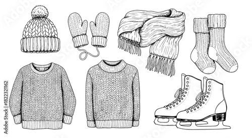 Winter clothing items including sweaters, mittens, scarf, and skates  