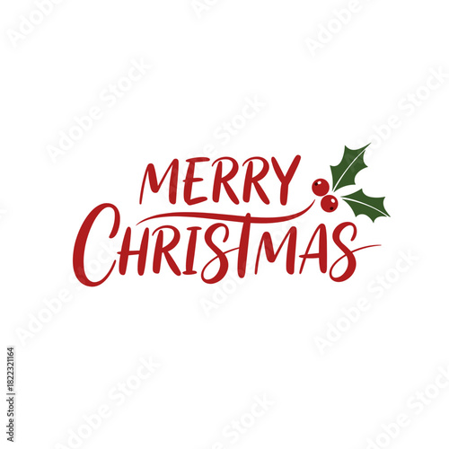 Merry Christmas greeting with holly leaves and red berries  