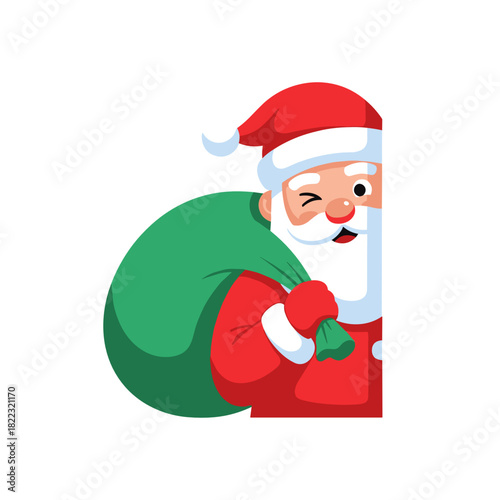 Santa Claus smiling and holding a green sack of gifts  