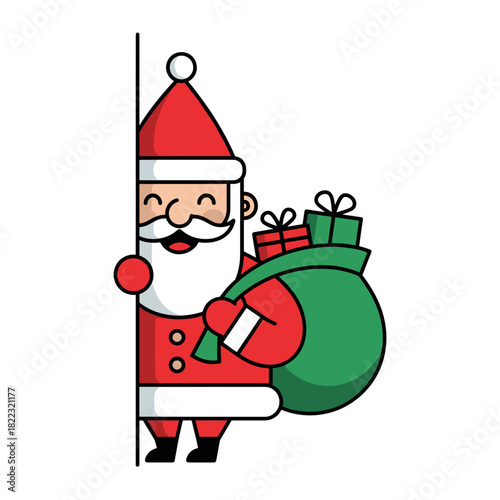 Cartoon Santa Claus holding a sack of gifts and smiling cheerfully  
