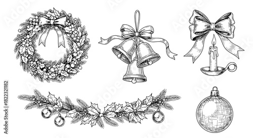 Vintage Christmas decorations including wreath, bells, and ornaments  