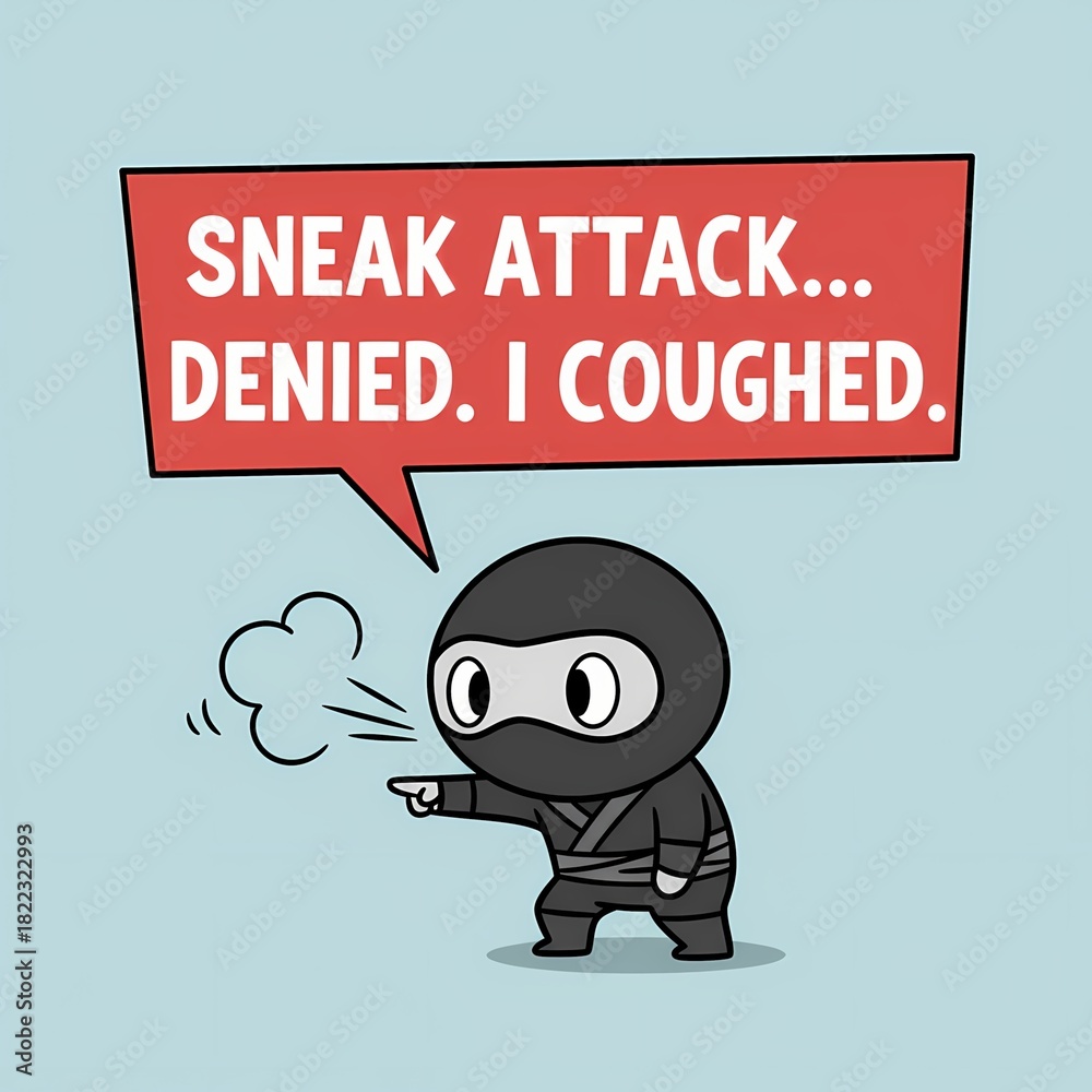 Obraz premium Humorous Minimalist Cartoon of a Cute Ninja Failing a Sneak Attack Due to Coughing, with Speech Bubble Text
