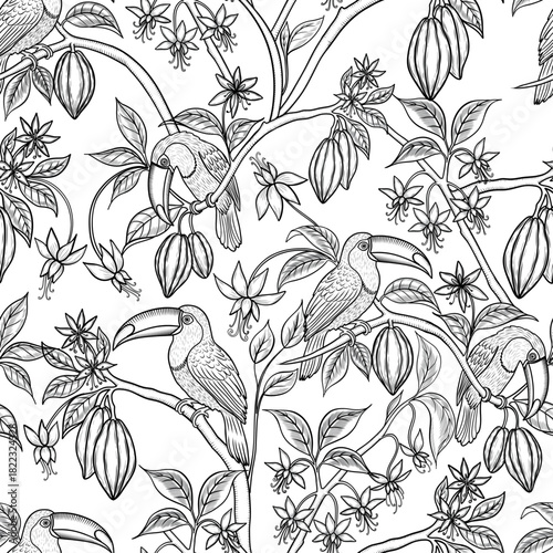 Branches with cocoa fruits and toucan birds seamless vector pattern. Hand-drawn toile de jouy print line art for fabric and wallpaper. Classic French luxury illustration. Retro engraved background.