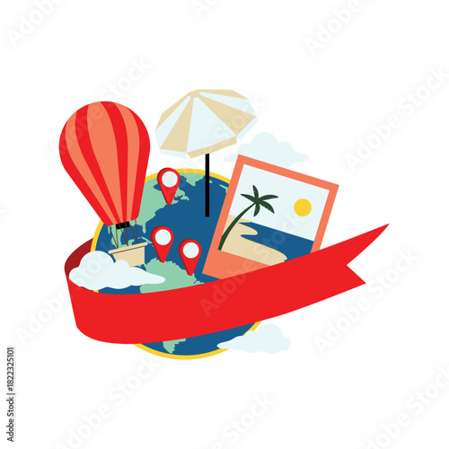 Plan your next adventure with vibrant travel icons including world globe, beach scene, hot air balloon, and red ribbon, perfect for wanderlust and vacation inspiration