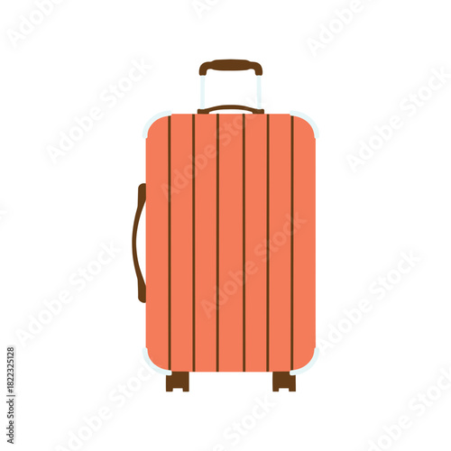 Stylish coral suitcase with brown accents and retractable handle ready for an exciting vacation adventure, perfect for travel planning visuals