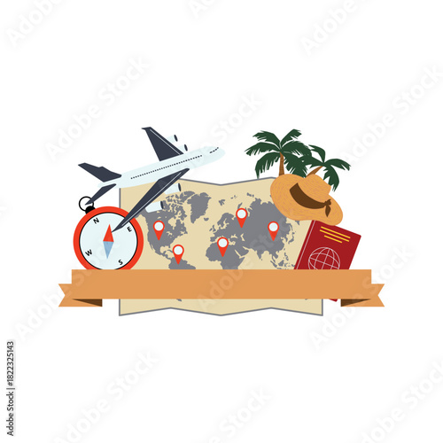 Embark on your next adventure with this vibrant travel collection featuring an airplane, passport, compass, world map, and palm trees, perfect for inspiring wanderlust and planning dream getaways.