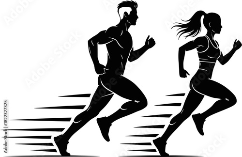 Running man and woman, isolated vector silhouettes. Run, side view. Silhouettes of athletic looking male and female runners running. EPS version.