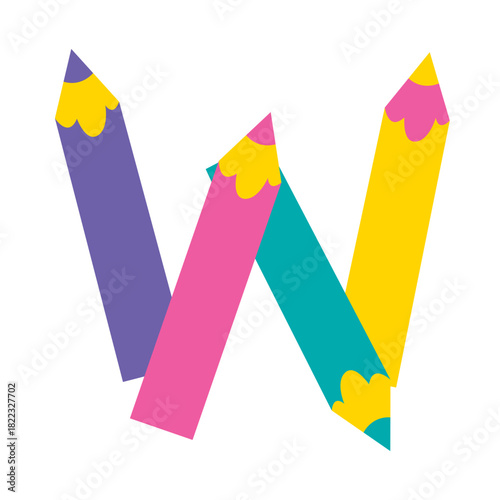 Creative colorful pencils forming letter W, perfect for inspiring education designs, art projects, vibrant branding, and playful learning materials for kids