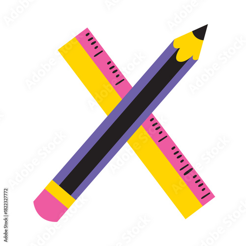 Bold school supplies with a retro vibe featuring a pencil and ruler crossing perfect for educational projects or designs needing a pop of color and playful touch