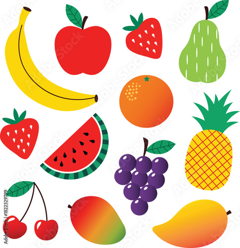 Colorful fresh fruit icon set vector illustration featuring banana apple strawberry pear orange watermelon grape cherry pineapple and mango