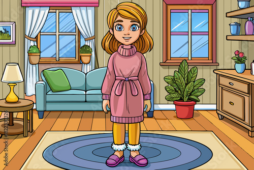 vector of A woman standing comfortably at home wearing cozy slippers, calm home lifestyle scene, soft and warm interior, everyday comfort fashion and calm modern home environment illustration concept.