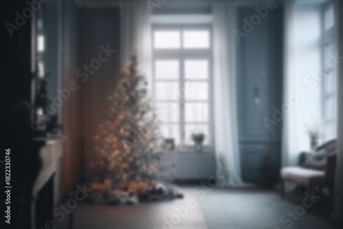 Christmas blurred interior background with light, AI generated image