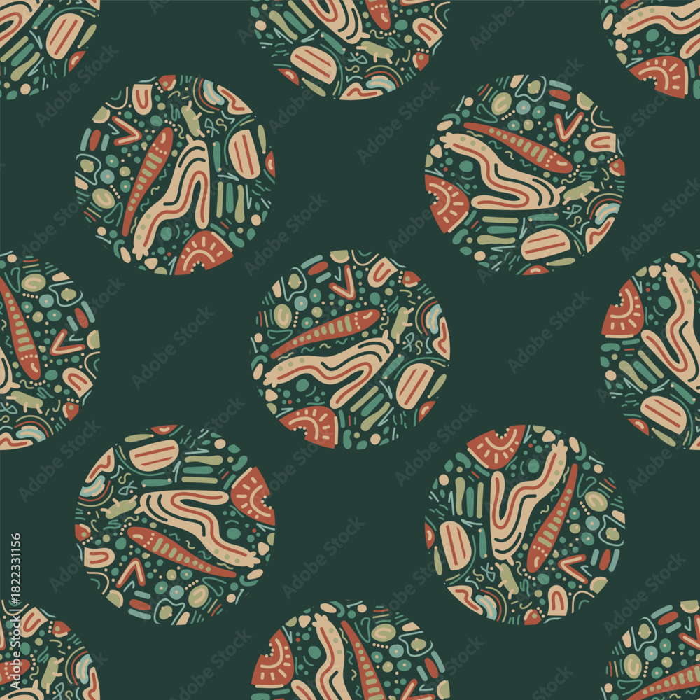 Naklejka premium A seamless pattern featuring stylized Christmas balls in bright colors. It conveys festive cheer and playful holiday spirit.