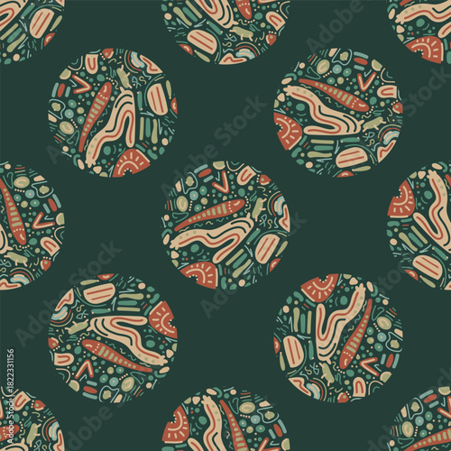 A seamless pattern featuring stylized Christmas balls in bright colors. It conveys festive cheer and playful holiday spirit.