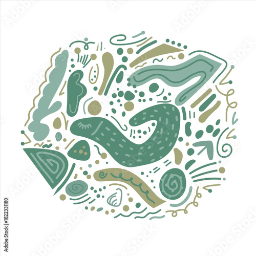A contemporary vector illustration of hand-drawn abstract shapes. It conveys originality and whimsical energy.