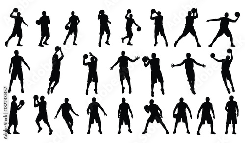 Dynamic basketball player silhouettes set: various action poses, dribbling, shooting Vector