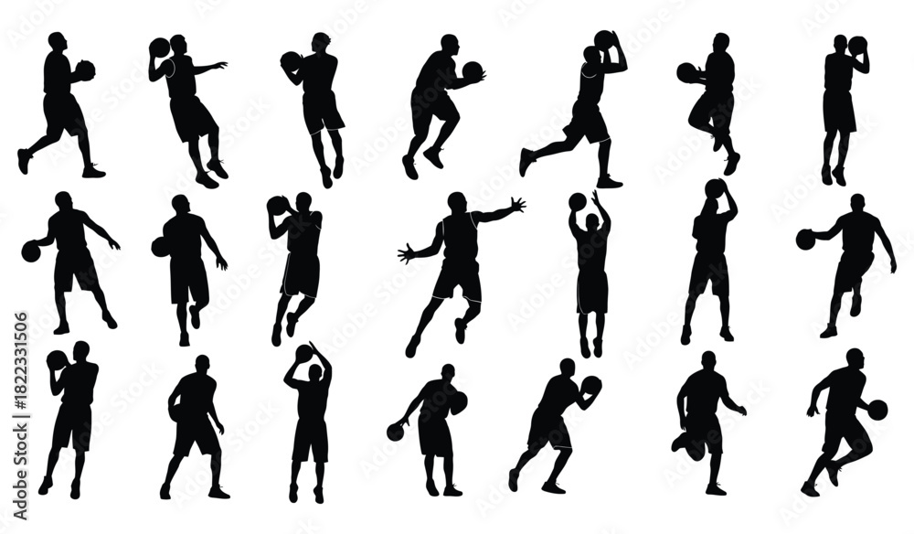 Naklejka premium Basketball players silhouettes set in various poses, dynamic action vector illustration Vector