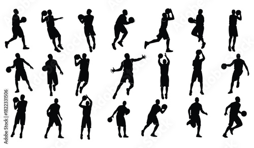 Basketball players silhouettes set in various poses, dynamic action vector illustration Vector