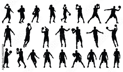 Dynamic silhouettes of basketball players in various action poses and movements Vector