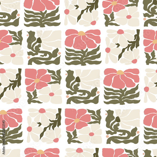 Floral Seamless Pattern. Groovy Flower. Organic Plants naive retro Ornament. Abstract Contemporary Aesthetic.