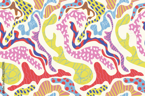 Abstract colorful organic shapes seamless vector pattern with bold modern decorative elements