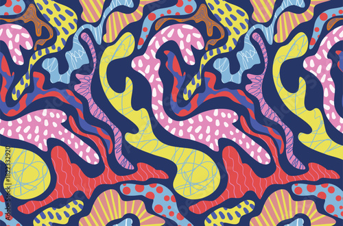 Abstract colorful organic shapes seamless vector pattern with bold modern decorative elements