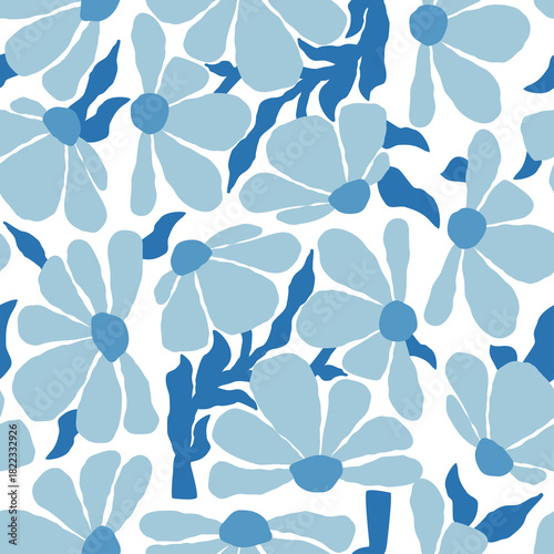 Floral Seamless Pattern. Groovy Abstract Flower Chamomile blue tone-on-tone by in trendy naive retro hippie