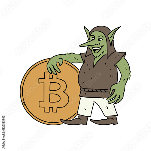 Whimsical goblin embraces digital gold, a playful take on cryptocurrency trends and fantasy finance with a touch of humor, perfect for quirky tech and gaming content