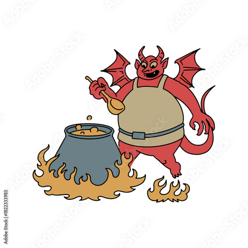 Cartoon devil stirring a bubbling cauldron on fire, crafting a spooky potion with a playful, mischievous vibe perfect for Halloween themes and fun fantasy designs