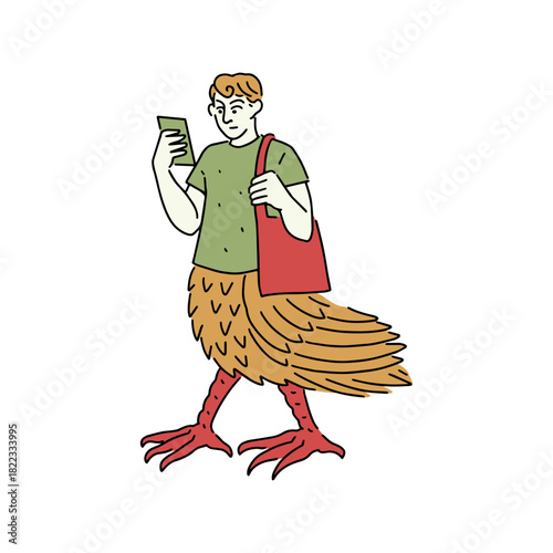 Enjoy this charming doodle of a man with bird-like features checking his phone while casually carrying a tote bag, a whimsical touch for your creative project!