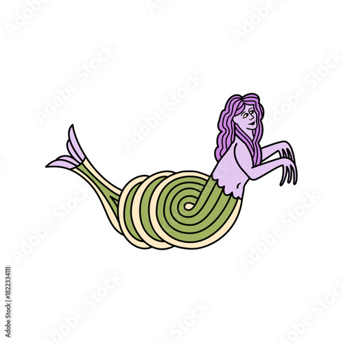 Enchanting mermaid with flowing purple hair and a distinctive striped tail, a whimsical design element perfect for fantasy themes and creative projects