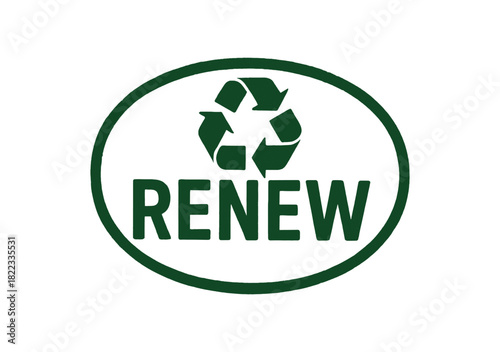 Renew symbol with recycle icon in green oval design for environmental awareness