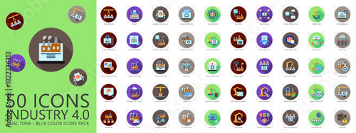 Industry 4.0 rounded color icons pack. contain automation, delivery, digital factory, IOT, green industry, monitoring, process and more. Vector for print, digital UI, UX kit, web and app development.