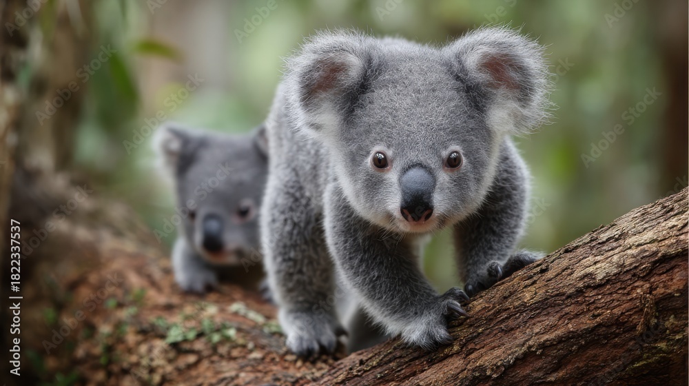 Obraz premium Front koala cub walks textured tree branch looking directly forward as second koala follows