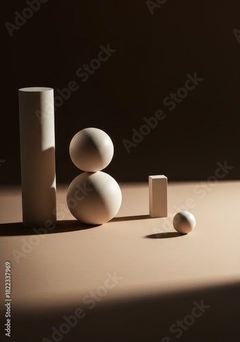 Clean graphic design featuring minimalist geometric shapes interacting with light and shadow on a flat neutral surface ,bright ,modern ,space