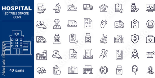 Hospital and Medical Services Vector Icons. Set of 40 editable stroke symbols for healthcare, emergency care, and medical treatment. Includes building, ambulance, and equipment