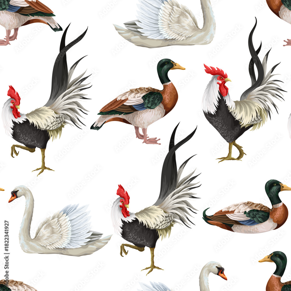 Obraz premium Seamless pattern with roosters, swan and duck. Vector.